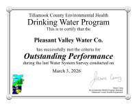 Pleasant Valley Water Company 2026 Outstanding Performance Certificate